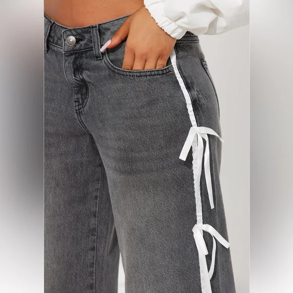 Fashion Nova Gray Flare Jeans with White Ties - Picture 3 of 4